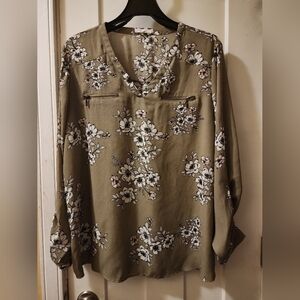 Maurices Floral V-Neck Blouse - Olive and White
